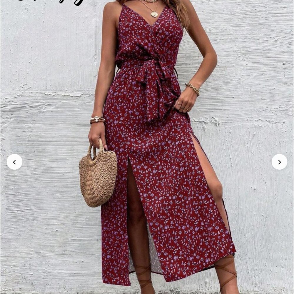 NWOT Ditsy Floral Print Slit Hem Belted Cami Dress